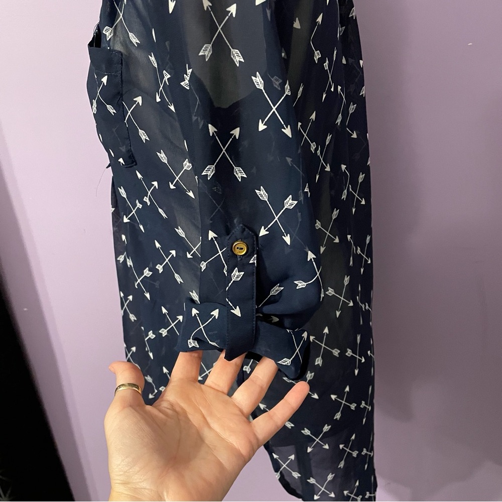 Ardene Navy Sheer Blouse with Cross Arrow Design Size Small - Picture 3 of 7